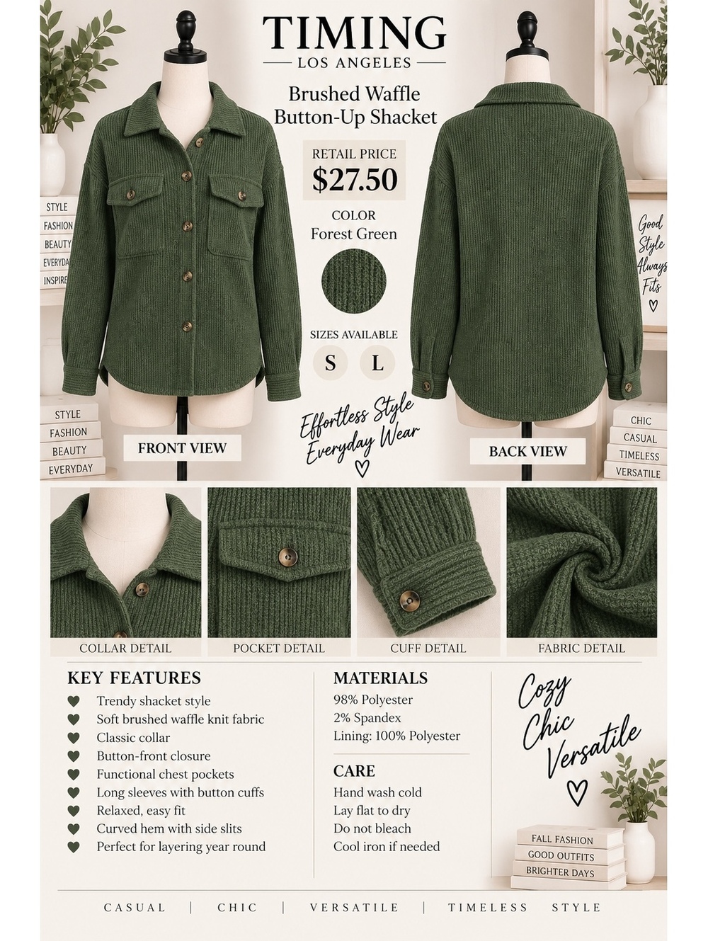 TIMING Los Angeles Brushed Waffle Shacket in Forest Green